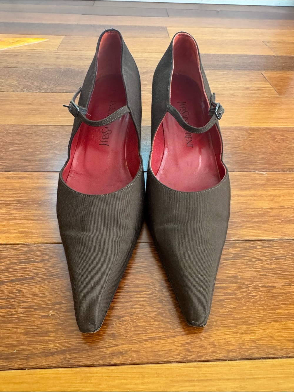 Yves Saint Laurent Brown Pointed Mary Jane Pumps with Red Lining